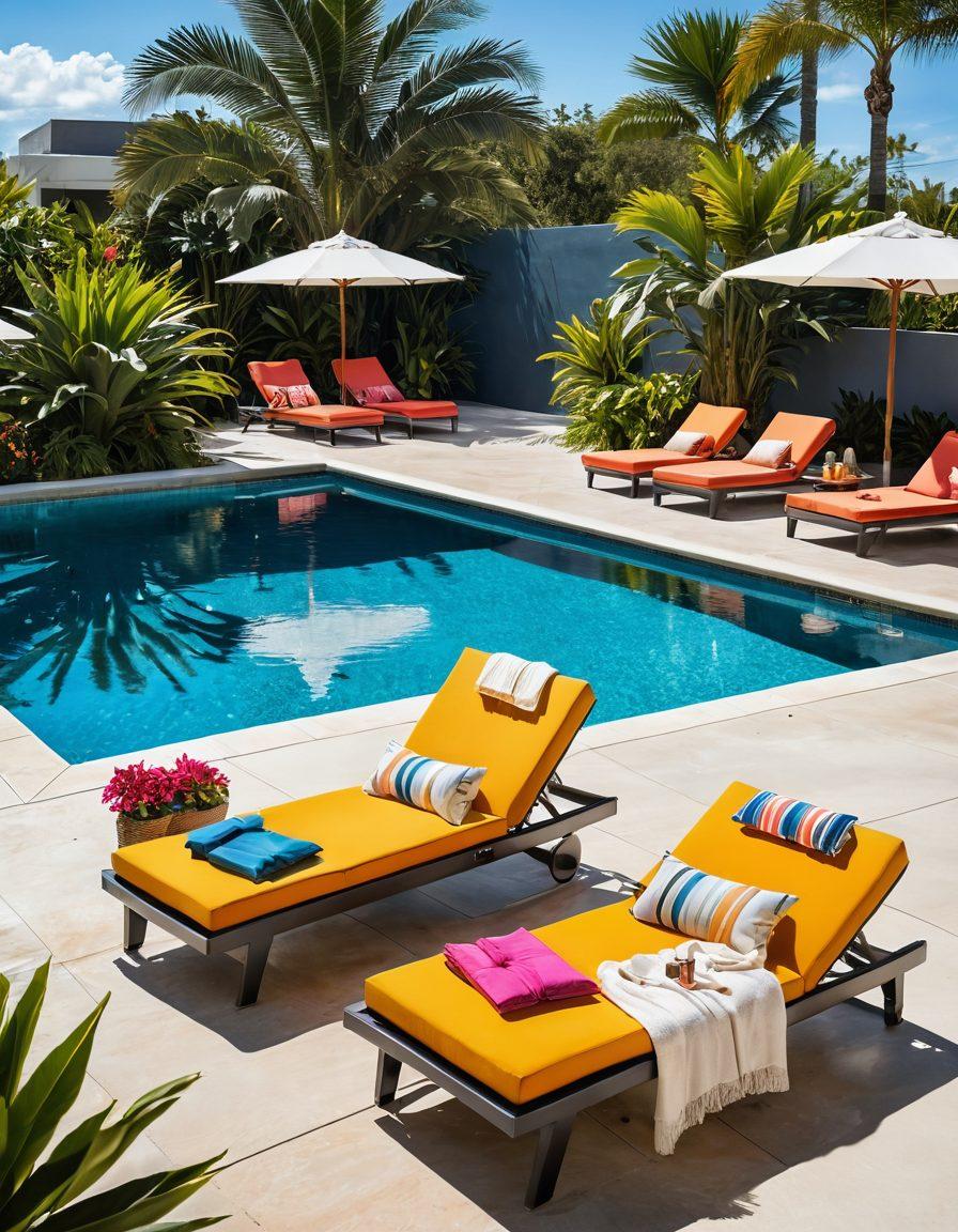 A vibrant summer scene depicting a stylish poolside setup with luxurious lounge chairs, colorful beachwear, and trendy swim accessories. Include a clear blue pool reflecting sunlight and tropical plants in the background. Showcase a relaxed, fun atmosphere with people enjoying the sun and water. Emphasize bright colors and a lively vibe. super-realistic. vibrant colors. tropical theme.