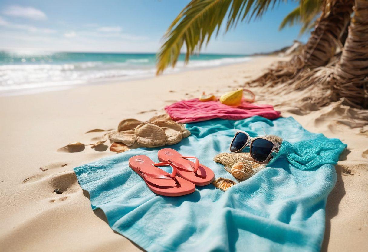 A stylish display of various bikini styles laid out on a sandy beach, surrounded by seashells and beach accessories like sunglasses, flip-flops, and beach towels. In the background, a crystal-clear ocean waves gently wash ashore under a bright sun, with palm trees swaying. The scene is vibrant and inviting, capturing the essence of summer fun and seaside fashion. vibrant colors. super-realistic. sunny atmosphere.
